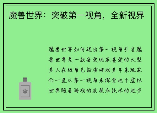 魔兽世界：突破第一视角，全新视界